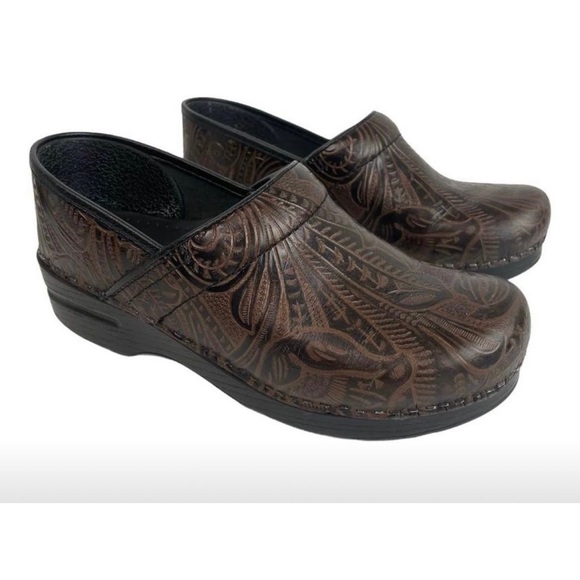 Dansko Shoes - Dansko 38 Embossed Floral Tooled Brown Leather
